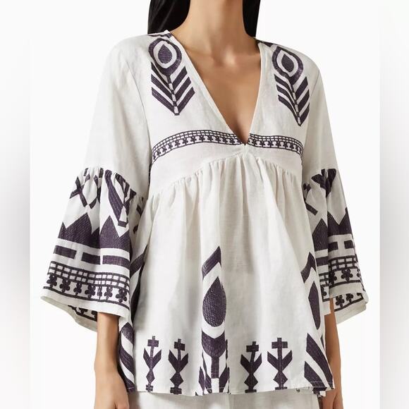 Greek Archaic Kori White Linen Blouse with Purple Embroidery - Picture 1 of 7